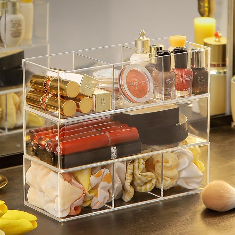 Stackable Clear Drawer Organizers Small Makeup Vanity Storage Bins Trays and Office Desk Drawer Dividers Single Compartment 2 Pack