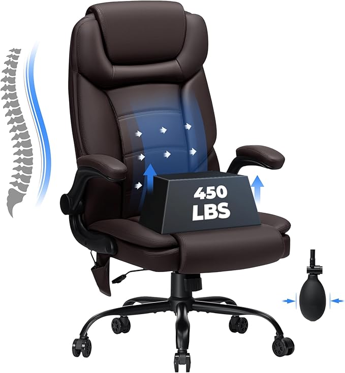 450lbs Executive Office Chair with Inflatable Lumbar Support, Heavy Duty Office Chair for Heavy People, Big and Tall Ergonomic Comfy Chair with Flip-Up Armrests, Breathable PU Leather (Brown)