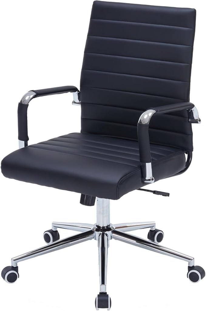 Black Modern Mid Back Office Desk Chair, PU Leather Ribbed Ergonomic Executive Conference Chair with Wheels, Adjustable Swivel Task Chair with Arms