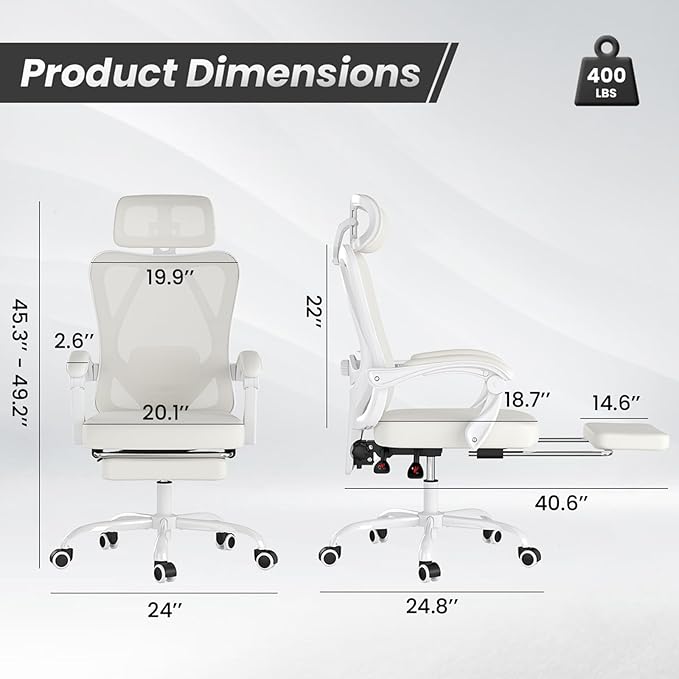 Farini Office Chair with Footrest, Ergonomic Mesh Office Chair with Headrest, High Back Desk Chair with Lumbar Support, Swivel Computer Chair for Office Study Room, White and Beige