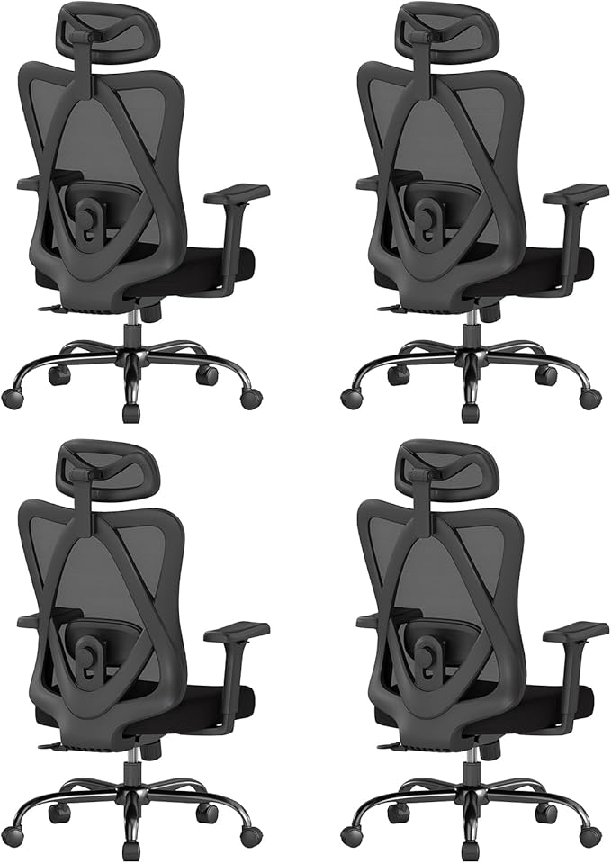 Ergonomic Office Chair with Adjustable Lumbar Support, High Back Mesh Computer Desk Chairs with 3D Headrest and Armrest, Rocking Function, for Home, Office, 4PC, Black