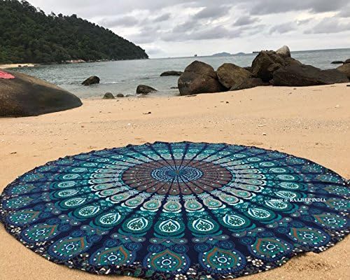 raajsee Turquoise Round Beach Tapestry Hippie/Boho Beach Blanket Mandala/Indian Cotton Throw - Round Tablecloth/Home Decor/Indie Rug Yoga Mat Meditation Picnic Rugs 127 CM / 50 INCHE Circle