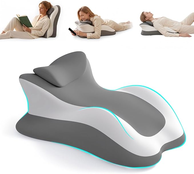 Memory Foam Ergonomic Reading Pillow for Bed, Multi-Position Support Pillow for Reading in Bed, Prone Sleeping, Lumbar & Leg Support, Helps Relieve Back Pain, Acid Reflux, with Removable Cover