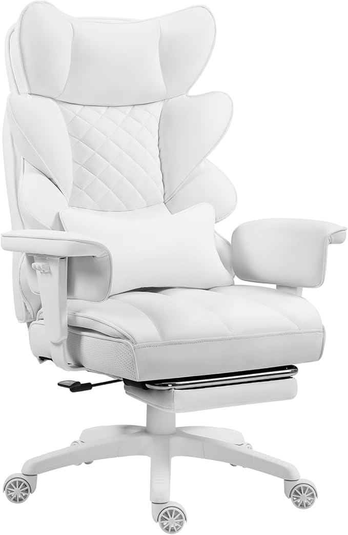 Dowinx Big and Tall Office Chair with Pocket Spring Cushion,High Back Computer Gaming Chairs with Adjustable Armrests and Lumbar Support,Executive Desk Chairs with Footrest(PU,White)