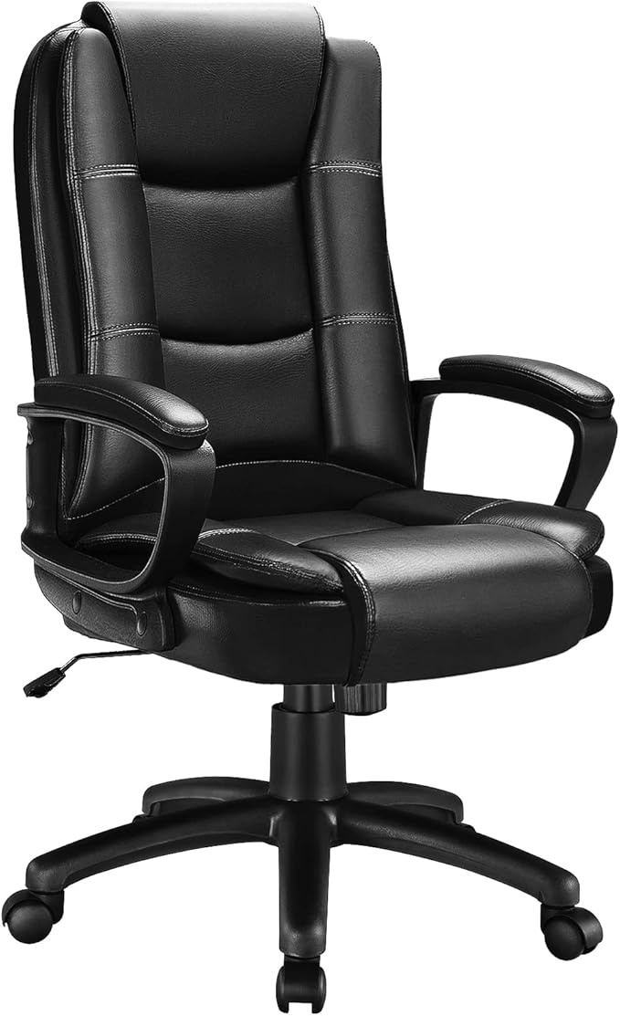 LEMBERI Office Desk Chair, Managerial Executive Chair, High Back Computer Chair, Ergonomic Height Adjustable PU Leather Chairs with Padded Armrest for Long Time Sitting (Black)