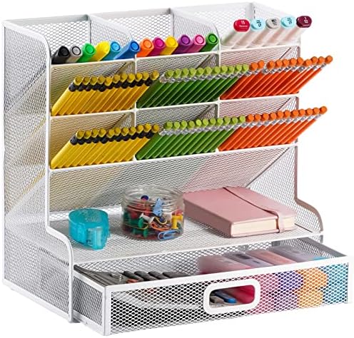 Marbrasse Mesh Desk Organizer - Multi-Functional Pen Holder with Drawer, Desktop Stationary Storage Rack for School, Home, Office, Art Supplies (White Mesh)
