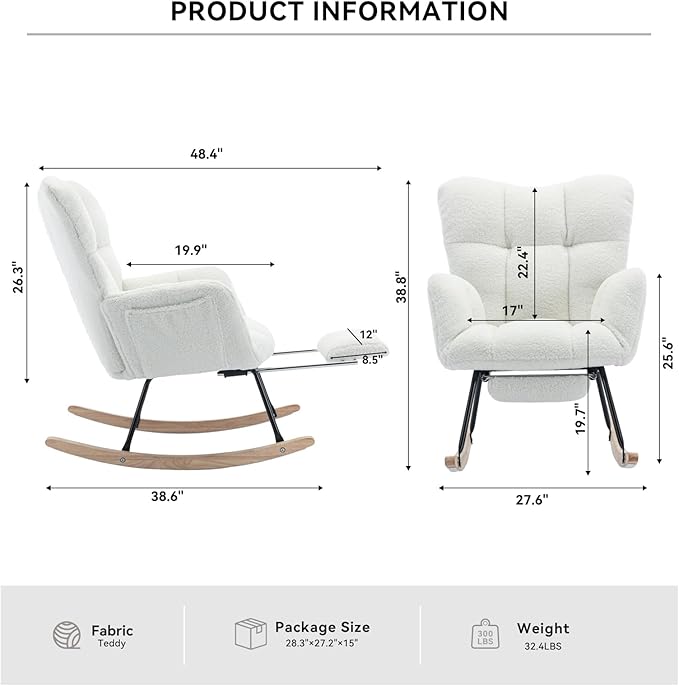 FOXHUNTER Rocking Chair Nursery with Foot Rest, Teddy Glider Rocking Chair for Nursery Upholstered Rocker Recliner Chair, Comfy Armchair with Adjustable Footrest for Living Room Bedroom, Ivory Teddy