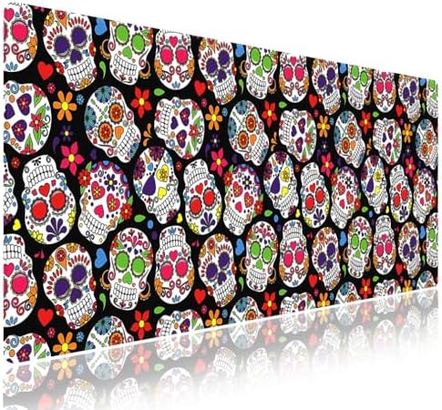 Sugar Skull Vibrant Floral Large Mouse Pad, Day of The Dead Black Desk Mat