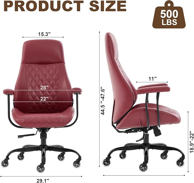 E-Motie Office Chair with Rubber Wheels, Ergonomic Computer Chair 500 lbs, Leather Desk Chair with Lumbar Support, Executive Chair Adjustable Height & Recline, Red