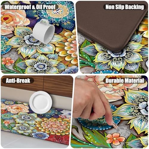 Boho Floral Kitchen Rugs Mats for Floor 2 Piece Cushioned Anti Fatigue Memory Foam Mat Non Slip Standing Desk Padded Comfort Standing Mat, 17.3x28+17.3x47 Inch - 1/2 Inch Thick