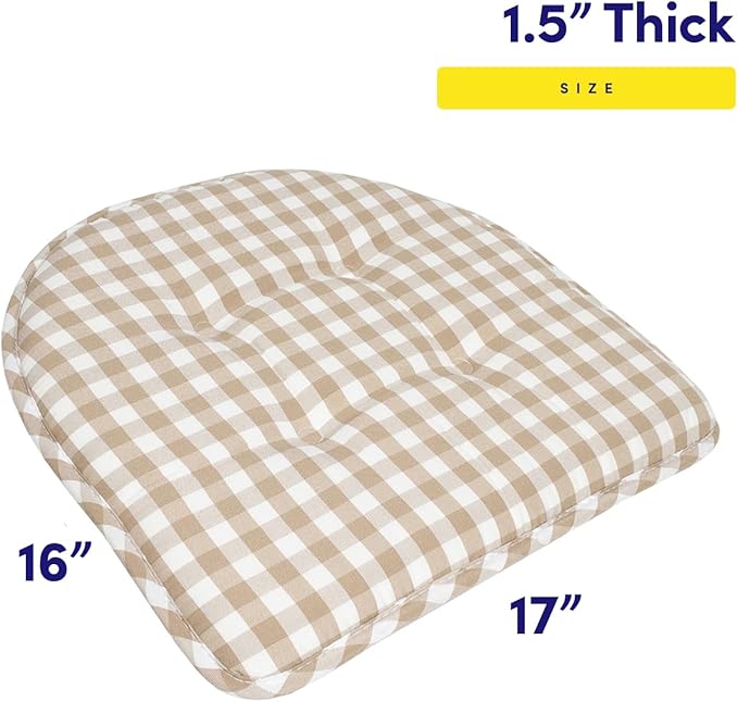 Sweet Home Collection Chair Cushion Memory Foam Pads Tufted Slip Non Skid Rubber Back U-Shaped 17" x 16" Seat Cover, 6 Pack, Checkered Taupe/White