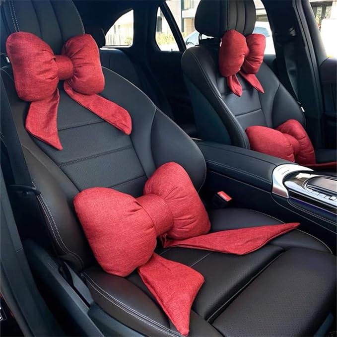 LYFJMUS 4 Pack Butterfly Bow Car Headrest Pillow Set Car Seat Neck Pillow and Lumbar Support Pillow Cotton Linen Car Headrest Pillow Set for Driving Travelling Office Home Decor