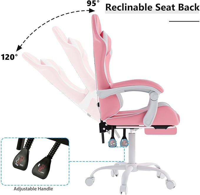 OS MOTOR Gaming Chair with Headrest and Lumbar Support, Ergonomic High Back Office Chair, Racing Style Executive Computer Desk Chair, Leather Adjustable Swivel Task Chair for Home Office (Pink White)