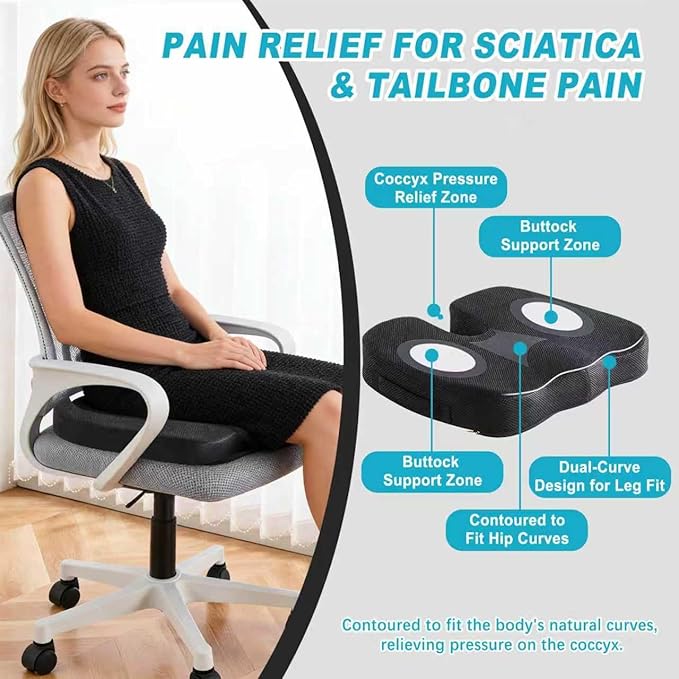 Memory Foam Seat Cushion for Sciatica & Tailbone Pain Relief – Ergonomic Office Chair Cushion, Coccyx Cushion for Tailbone Pain, Sciatica Pain Relief Pillow for Office, Car