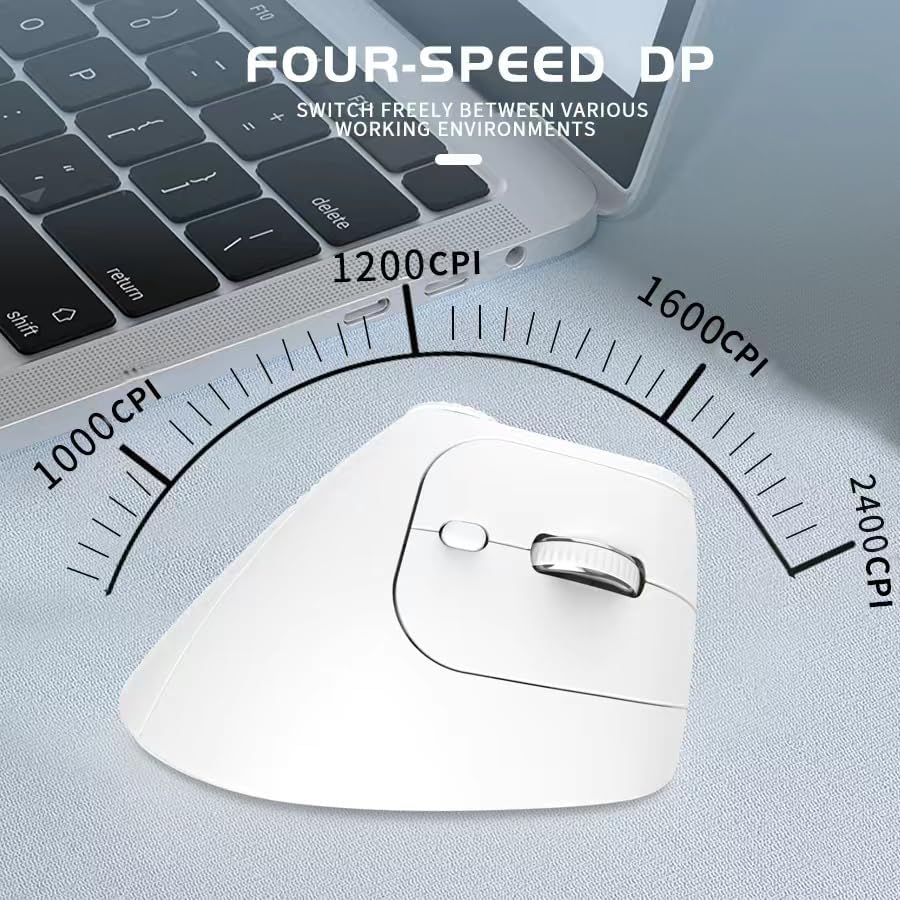 JOMAA Wireless 2.4G & Dual Bluetooth Three-Channel Ergonomic Vertical Mouse Adjustable DPI, Multi-Function Turntable for PC, Laptop, MacBook, Rechargeable (White)