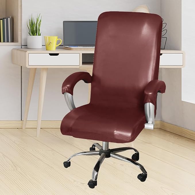 ITFRO Waterproof Office Chair Cover with Armrest Covers Red Wine PU Leather Computer Desk Chair Cover with Zipper Universal Rotating Gaming Chair Slipcover High Back Chair Seat Protector (Red Wine)