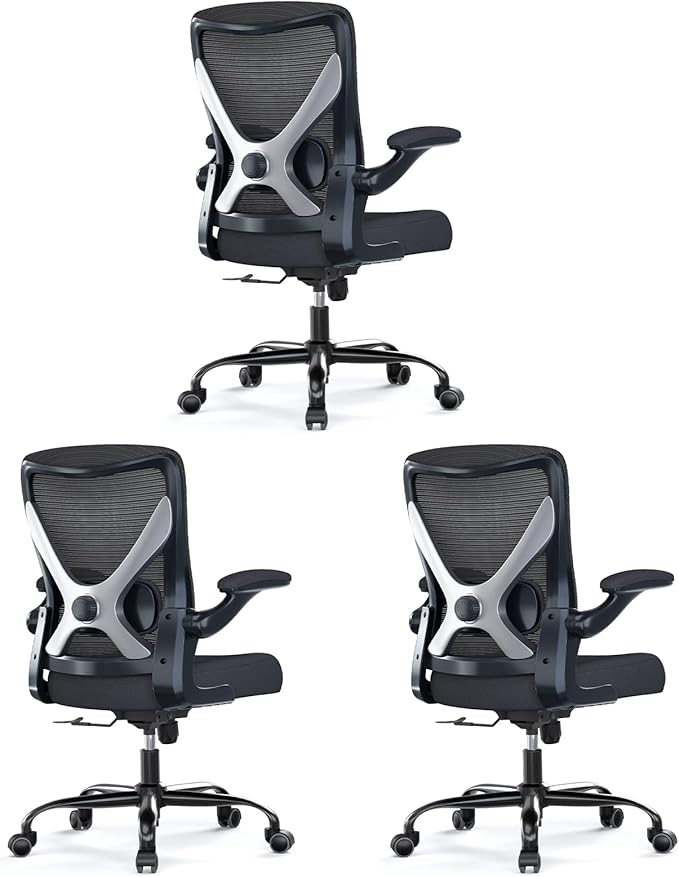 Ergonomic Office Chair - X-Shaped Computer Desk Chairs Comfy, Mesh High-Back Gaming Chair with Adjustable Lumbar Support, Executive Task Chair for Adults, Comfortable for Long Hours, Black, Pack of 3