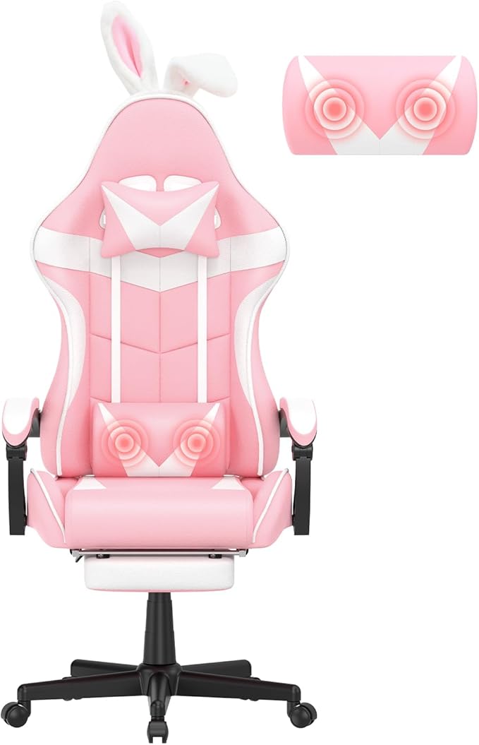 Soontrans Pink Gaming Chairs with Bunny Ears, Footrest,Ergonomic Home Office Desk Pink Chair,Lovely PC Computer Game Chair with Headrest and Lumbar Support Gamer Chair for Girls