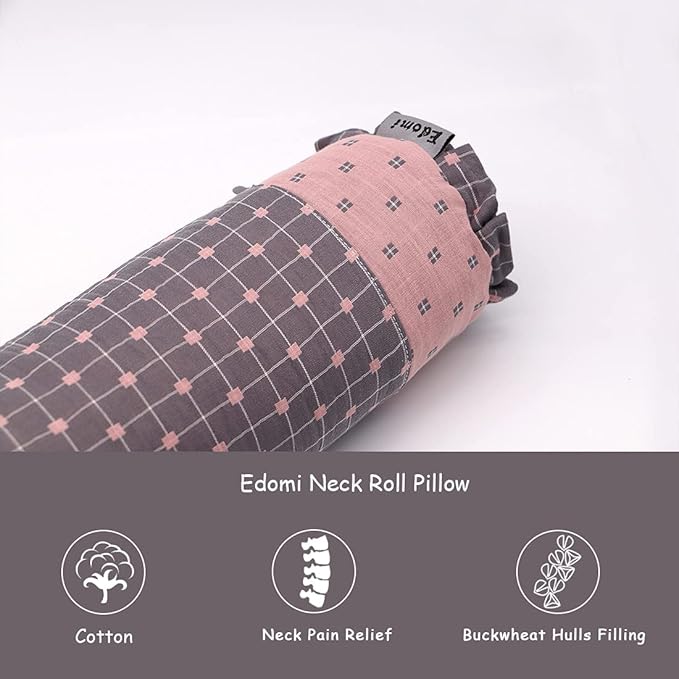 Round Neck Buckwheat Pillow, Neck Support Cervical Pillow for Side and Back Sleepers with Removable Washable Cover (16x4 inch, Grey&Pink)