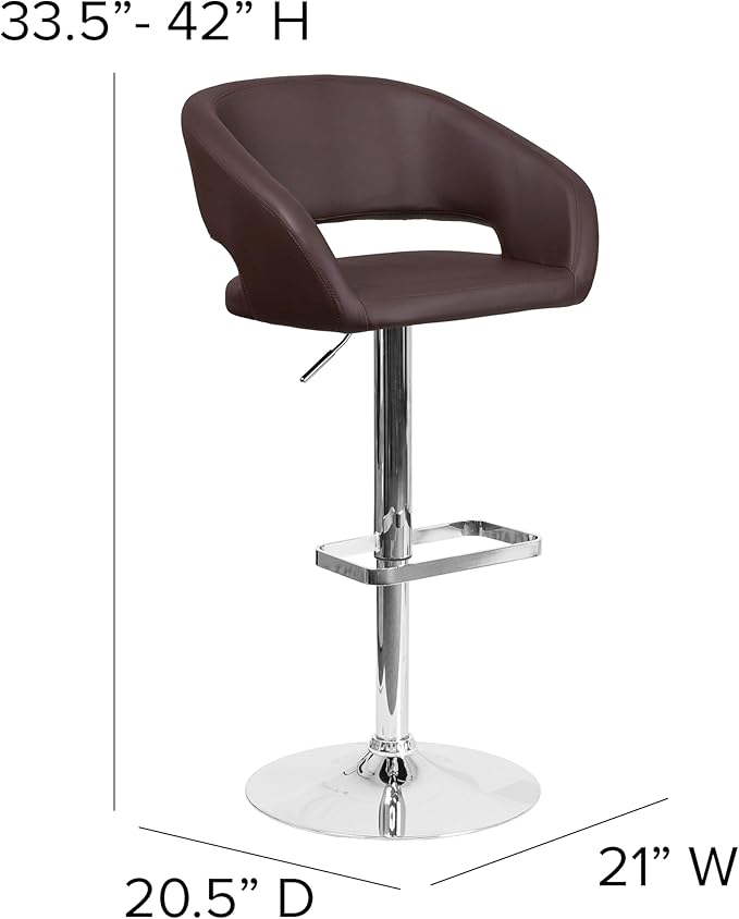 Flash Furniture Erik Comfortable & Stylish Contemporary Barstool with Rounded Mid-Back and Foot Rest, Adjustable Height - Brown Vinyl with Chrome Base