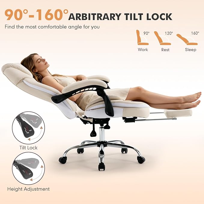 Ergonomic Fully Reclining Office Chairs with Back Support Footrest, Big and Tall Comfortable Recliner Office Desk Chair Computer Gaming Chair, Cream Beige