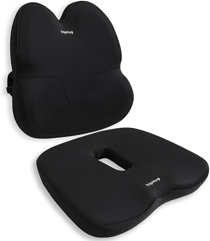 Lumbar Support Pillow & Seat Cushion with Adjustable Strap, Memory Foam Chair Cushion for Sciatica Pain Relief, Washable Cover for Car, Travel and Wheelchair, Black
