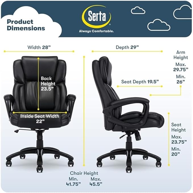 Serta Garret Executive Office Chair, Ergonomic Mid-Back with Lumbar Support, Semi-Plush Cushion and Body Pillows, Padded Armrests, Swivel Base, Bonded Leather, Space Black