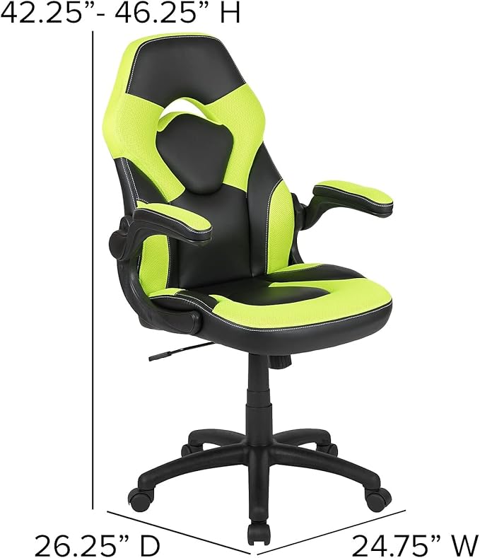 Flash Furniture X10 Gaming Chair Racing Office Ergonomic Computer PC Adjustable Swivel Chair with Flip-up Arms, Neon Green/Black LeatherSoft