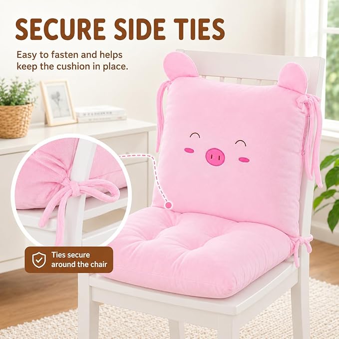ChezMax Chair Cushion Plush Seat Cushion Back Cushion with Ties, Detachable Thickened Desk Chair Pads, Cartoon Waist Pillow Cushion Decor for Chair Car Office Patio Wheelchair, Cartoon Pig