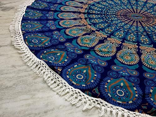Round Beach Tapestry Turquoise Mandala Throw/Boho Hippie Beach Blanket Roundie/Indian Cotton Bohemian Large Round Table Cloth-Home Decor/Yoga Mat Meditation Picnic Rug (70", Blue)