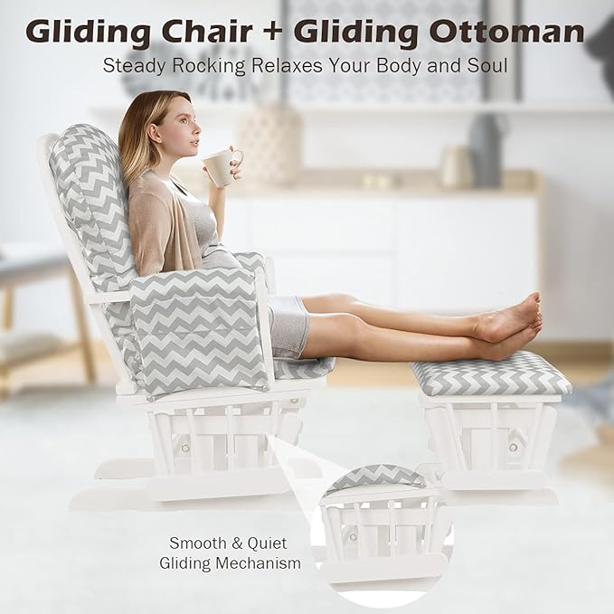 Costzon Nursery Glider with Ottoman, Upholstered Comfort Glider Rocker with Padded Cushion, Storage Pocket, Solid Wood Base, Rocking Chair Nursery for Breastfeeding, Napping (Gray and White)