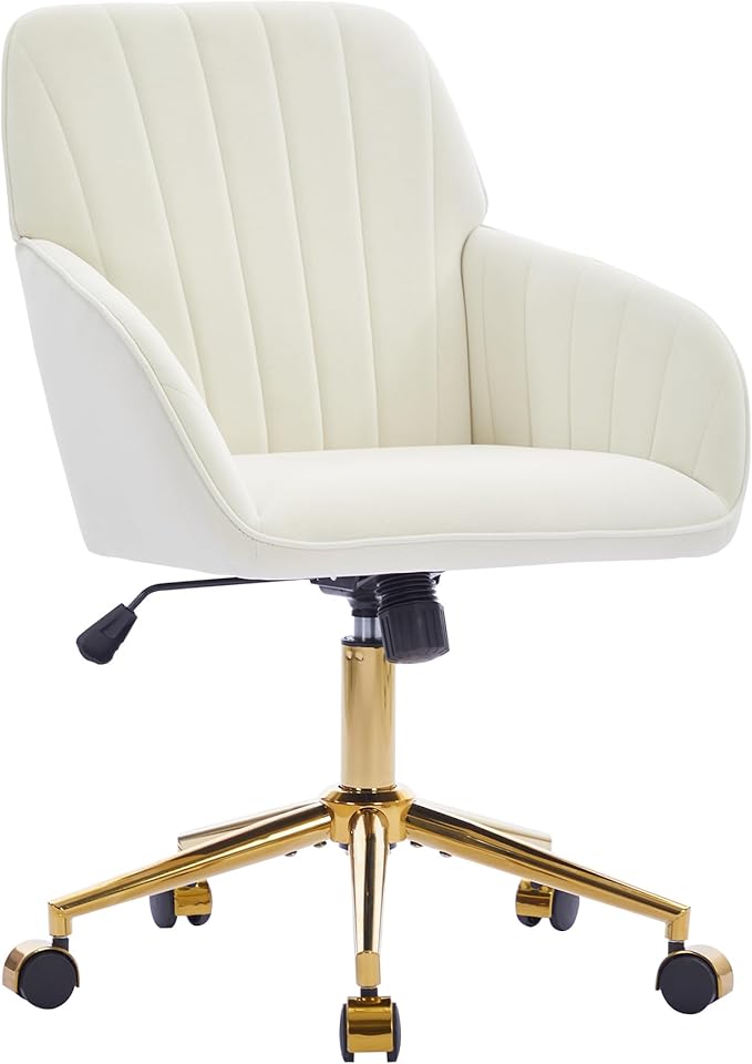 Velvet Home Office Desk Chair, Modern Cute Computer Task Chair with Back, Height Adjustable Upholstered Vanity Chair with Swivel Wheels for Women, Girls (Gold Base, Cream
