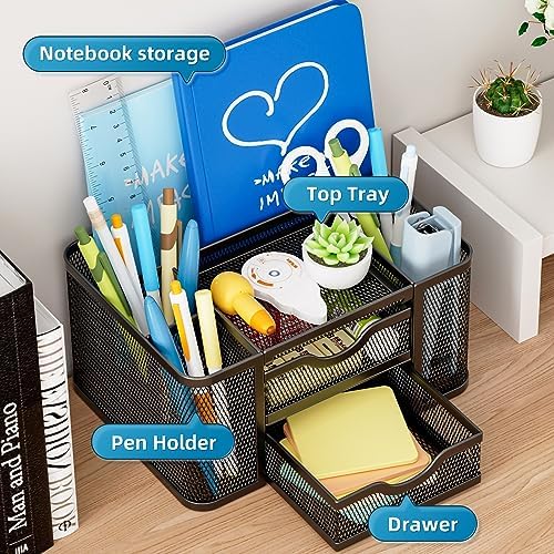 Marbrasse Mesh Desk Organizer, Pen Organizer with 2 Drawer, Multi-Functional Pencil Holder, Desk Organizers and Accessories with 5 Compartments + Drawer for Office Art Supplies (Black)