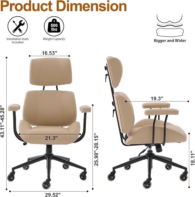 Office Chair, Ergonomic Computer Chair with Adjustable Headrest and Lumbar Support, Executive Leather Chair with Padded Arms, High Back Desk Chairs for Long Hours Sitting,Beige