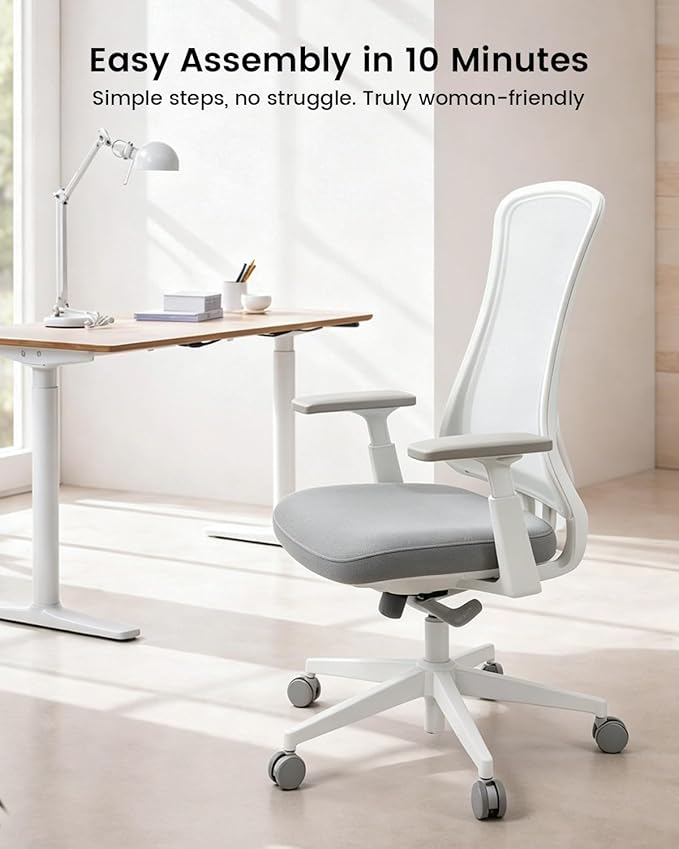 ProtoArc Ergonomic Office Chair – Flexer Mesh Couputer Chair for Women, Foam Sliding Seat, 125° Recline, Home Desk Chairs for Small Spaces, Stylish & Comfortable – White
