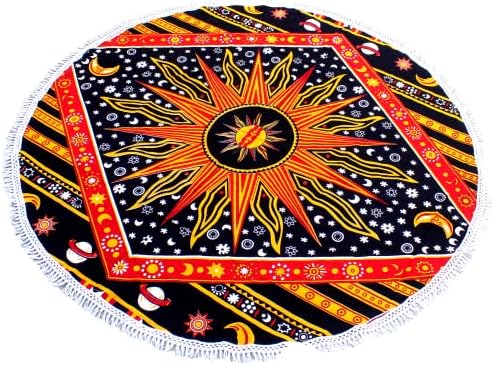Round Beach Tapestry Turquoise Mandala Throw/Boho Hippie Beach Blanket Roundie/Indian Cotton Bohemian Large Round Table Cloth-Home Decor/Yoga Mat Meditation Picnic Rug (70", Yellow)