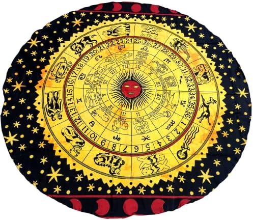 Round Beach Tapestry Turquoise Mandala Throw/Boho Hippie Beach Blanket Roundie/Indian Cotton Bohemian Large Round Table Cloth-Home Decor/Yoga Mat Meditation Picnic Rug (70", Yellow Black)