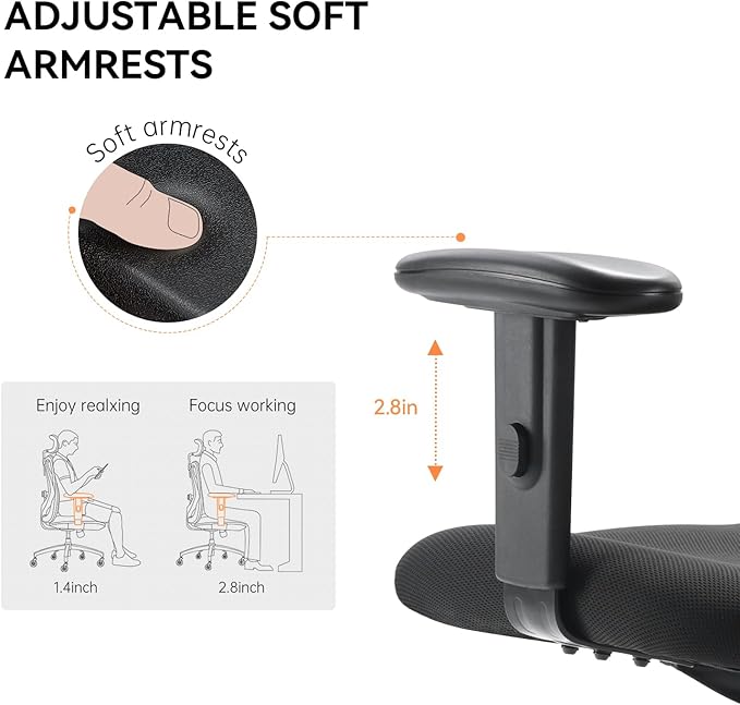 XUER Ergonomic Office Chair, Mesh Computer Desk Chair with Adjustable Sponge Lumbar Support, Thick Cushion, PU Armrest and Headrest, High Back Swivel Home Office Task Chair for Work (Black)…