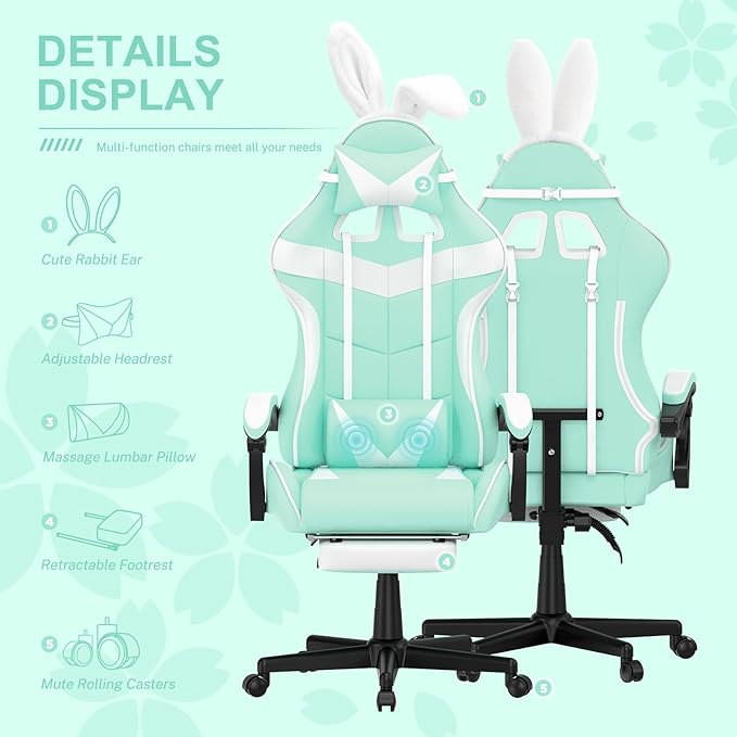 Soontrans Light Green Gaming Chair with Footrest,Lovely Cute Bunny Computer Gamer Chair,Kawaii Desk Chair for Granddaughter,Sister,Girlfriend,Wife and Love