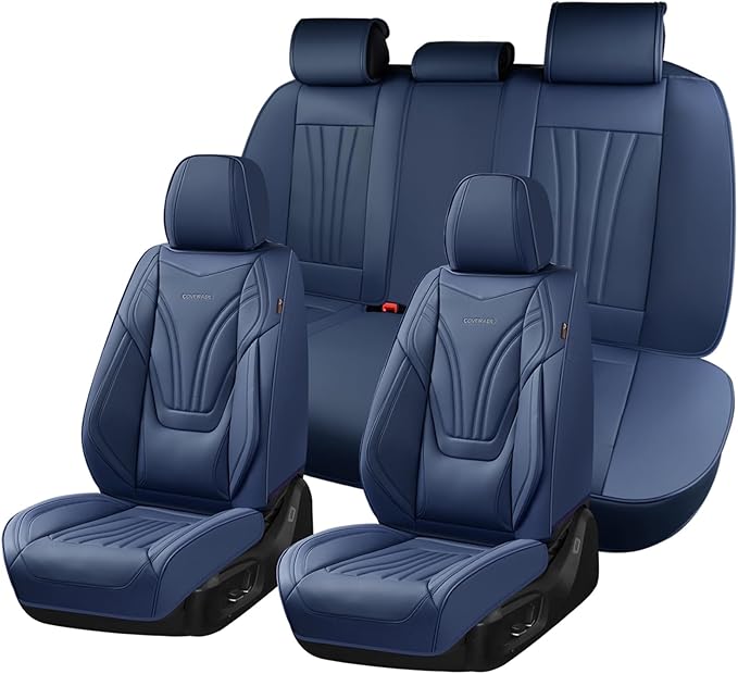 Coverado Car Seat Covers Full Set, 5 Piece Car Seat Protector with Lumbar Support & Removable Headrest, Breathable Leather Front Rear Seat Cushion Universal Fit for Truck Automotive Blue