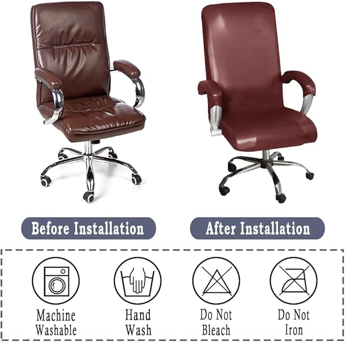 ITFRO Waterproof Office Chair Cover with Armrest Covers Red Wine PU Leather Computer Desk Chair Cover with Zipper Universal Rotating Gaming Chair Slipcover High Back Chair Seat Protector (Red Wine)