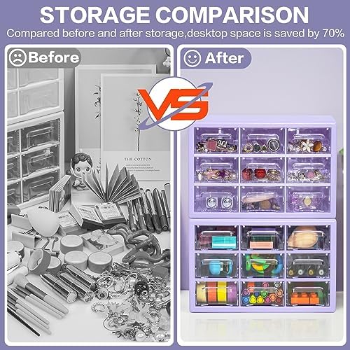 Desk Storage Organizer with 9 Drawers, Clear Plastic Storage Cabinet, Stackable Desk Storage Box for Makeup Office Craft Hardware Art Supplies,9.8x6.3x5.9inch(Purple)