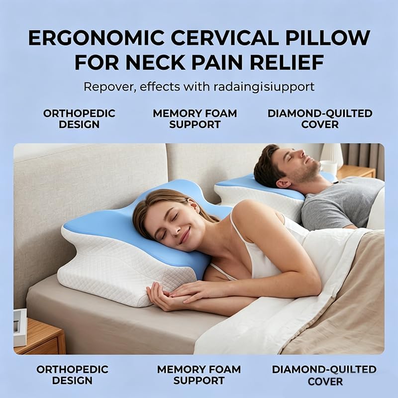 Cooling Neck Support Pillow, Adjustable Cervical Memory Foam for Pain Relief, Odorless Ergonomic Orthopedic Bed Pillows for Side Back Stomach Sleepers, Cozy Sleeping (Blue)