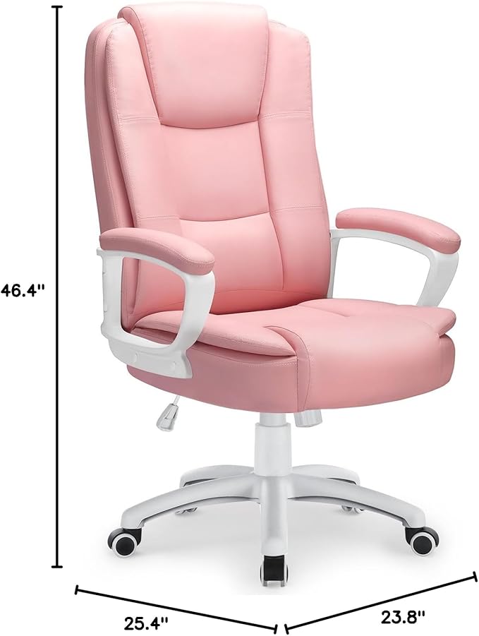 LEMBERI Office Desk Chair, Managerial Executive Chair, High Back Computer Chair, Ergonomic Height Adjustable PU Leather Chairs with Padded Armrest for Long Time Sitting, Pink