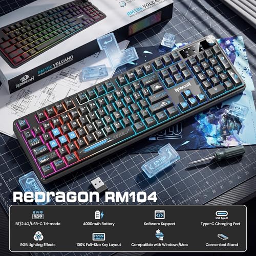 Redragon RM104 Wireless Gaming Keyboard with Knob, Tri-Mode BT/2.4G/USB-C RGB Computer Keyboards, 4000mAh Battery, Programmable Software Support, Anti-Ghosting, Compatible with PC Mac - Black & Blue