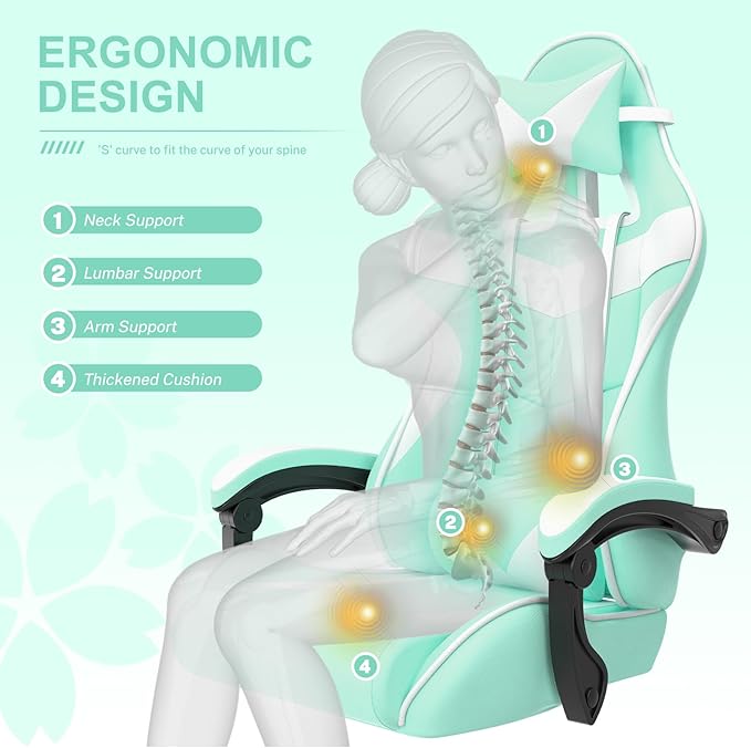 Soontrans Light Green Gaming Chair with Footrest,Lovely Cute Bunny Computer Gamer Chair,Kawaii Desk Chair for Granddaughter,Sister,Girlfriend,Wife and Love