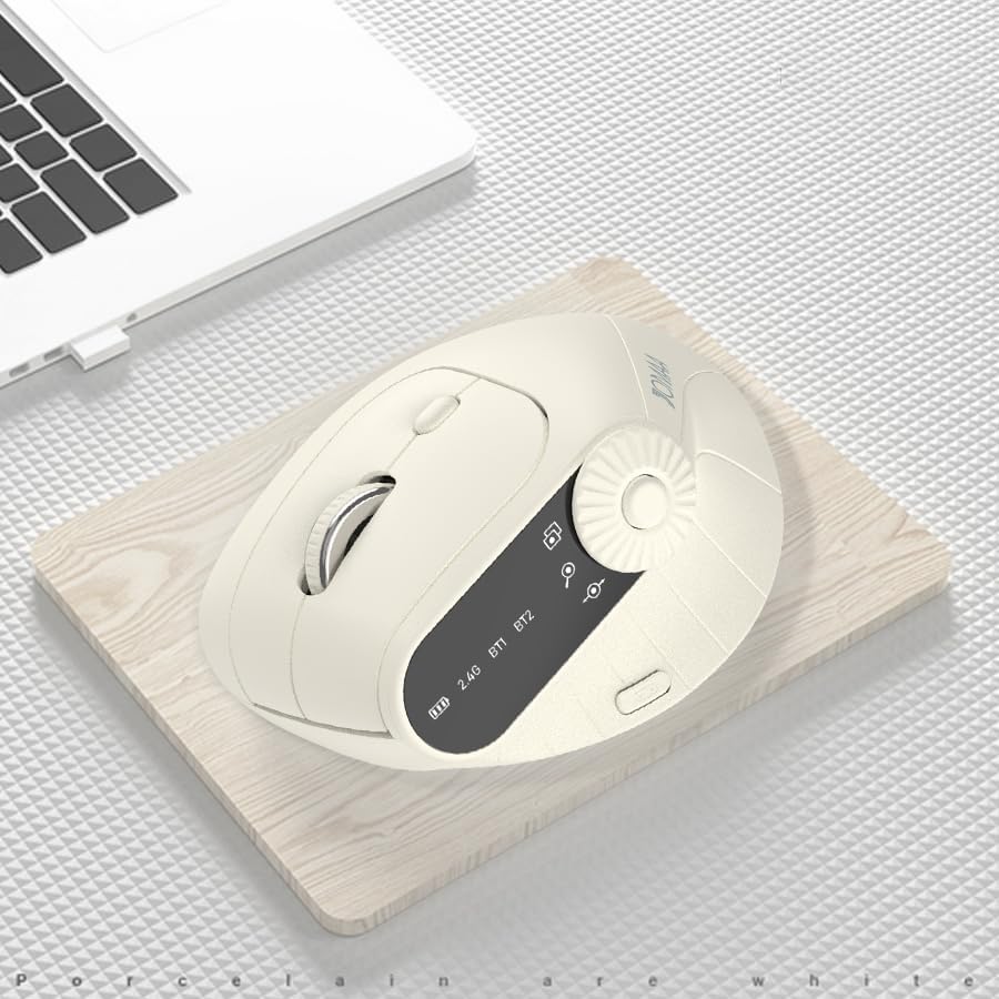 JOMAA Wireless 2.4G & Dual Bluetooth Three-Channel Ergonomic Vertical Mouse Adjustable DPI, Multi-Function Turntable for PC, Laptop, MacBook, Rechargeable (Beiga)