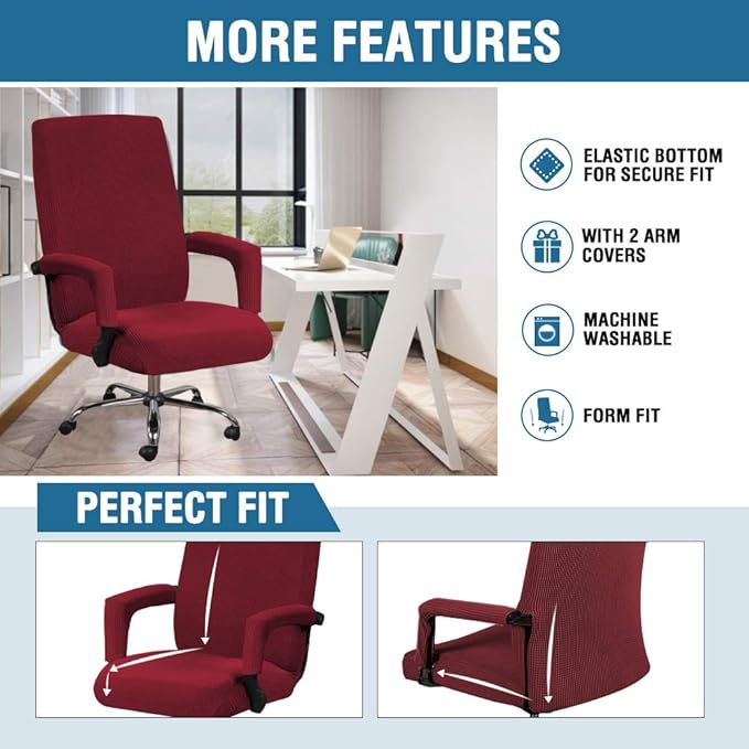 H.VERSAILTEX Stretch Computer Office Chair Cover Washable Removable Spandex Rotating Boss Chair Slipcovers Anti-dust Soft Desk Chair Seat Protector for Dogs Cats Pets,Burgundy Red - Large