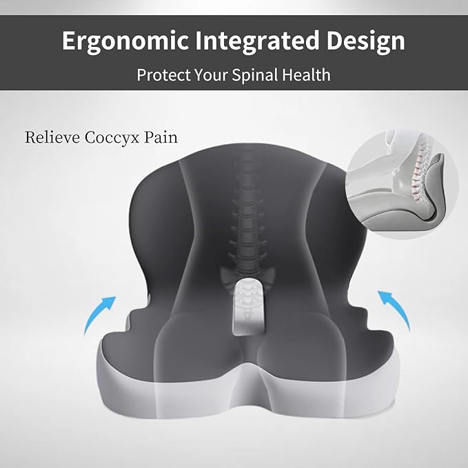 Orthopedic Cushion, L-Shaped Ergonomic Design Seat Cushion, Non Slip Memory Foam Car Cushion with Back Support for Tailbone & Hips Pain Relief, Suitable for Office, Car, Home, Long Sitting