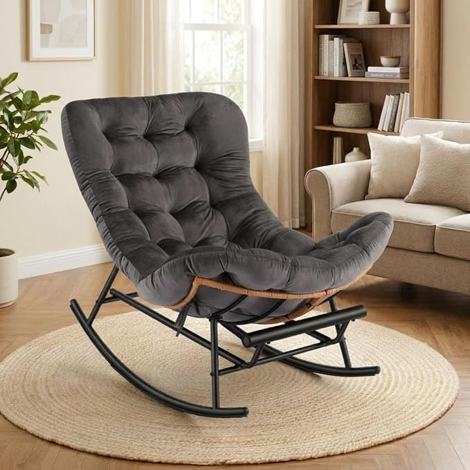 Jojoka Oversized Papasan Rocking Chair with Integrated Detachable Foot Rest, Thick Removable Cushion, PE Rattan Metal Frame Lounge Chair for Indoor Outdoor Patio, Garden, Porch, Living Room